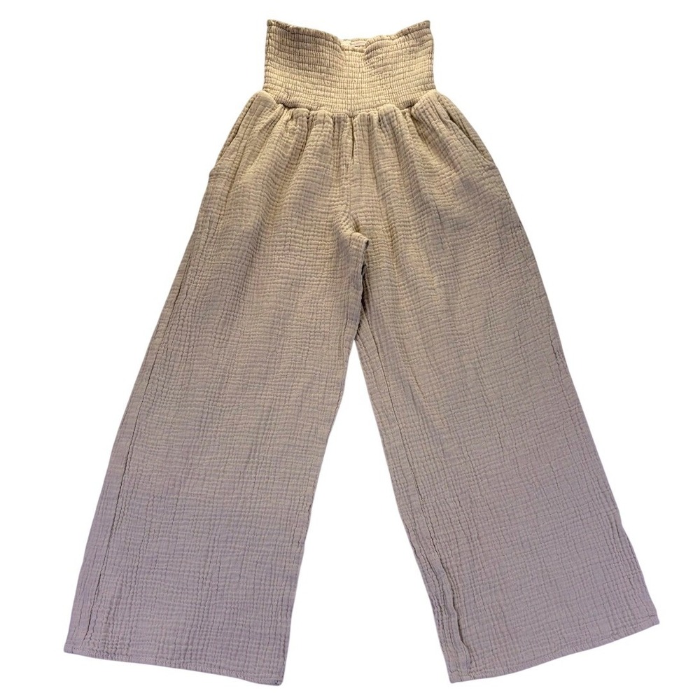 Miou Muse Womens Beige Cotton Gauze Smocked High Waist Wide Leg Pants S Boho